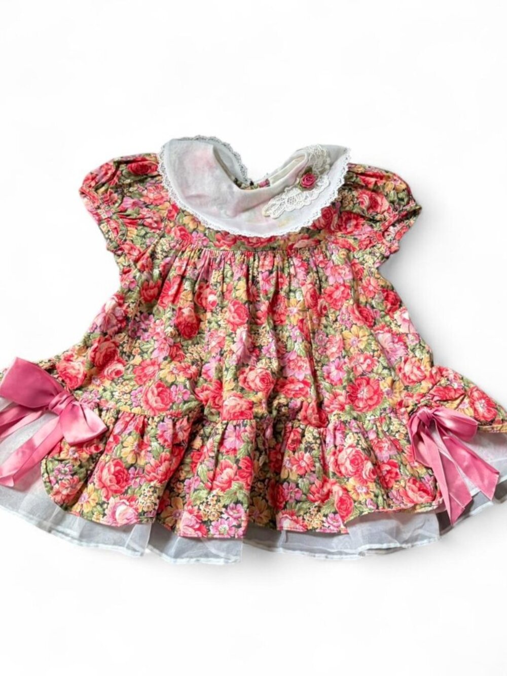 Noir Paris pink floral baby dress with lace trim and ribbon bows, size 24m - Picture 1 of 7